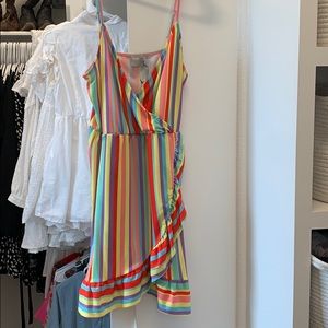 Rainbow Strip Ruffle Wrap Dress